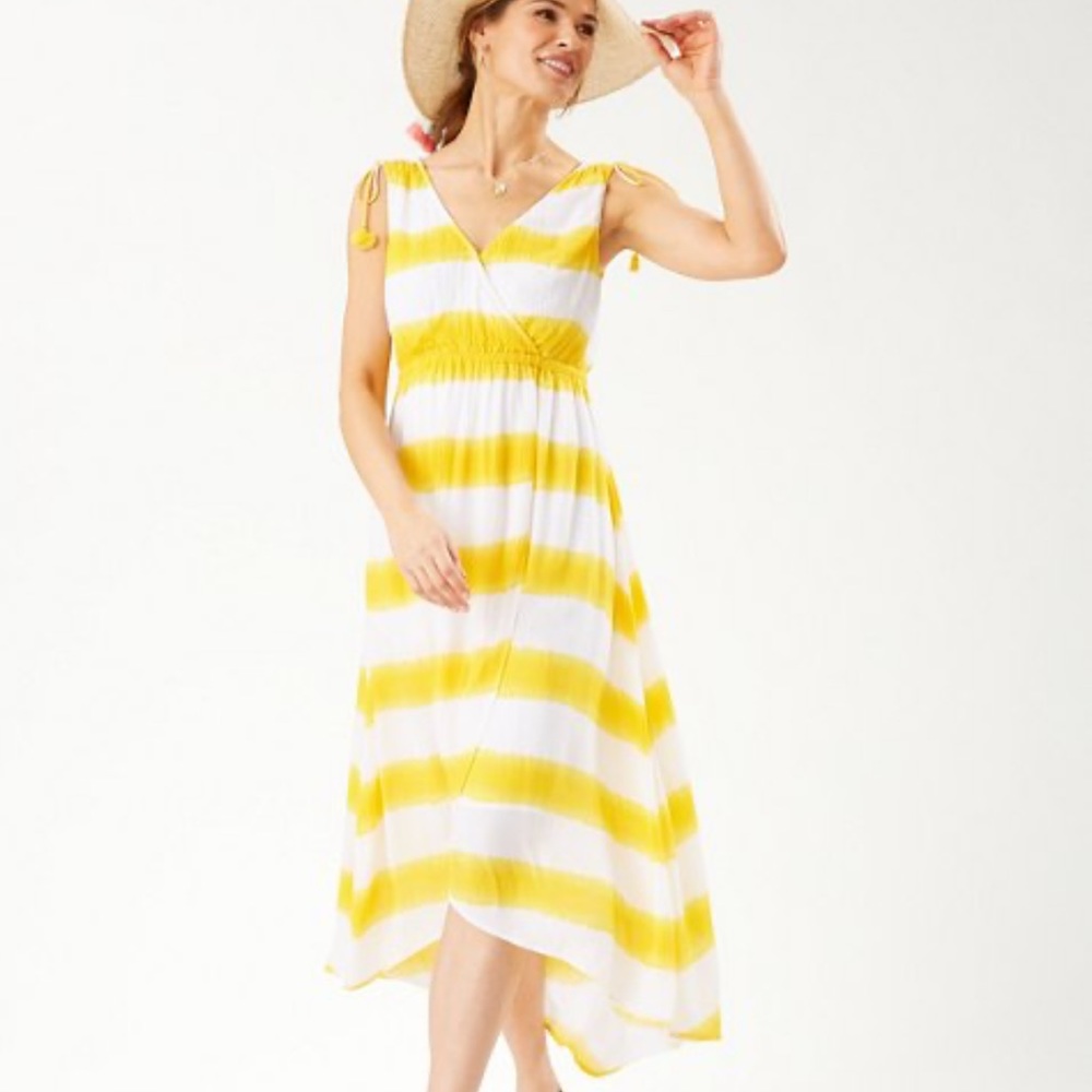 Tommy Bahama Caicos Crinkle Set Sail Striped Maxi Dress Yellow White M